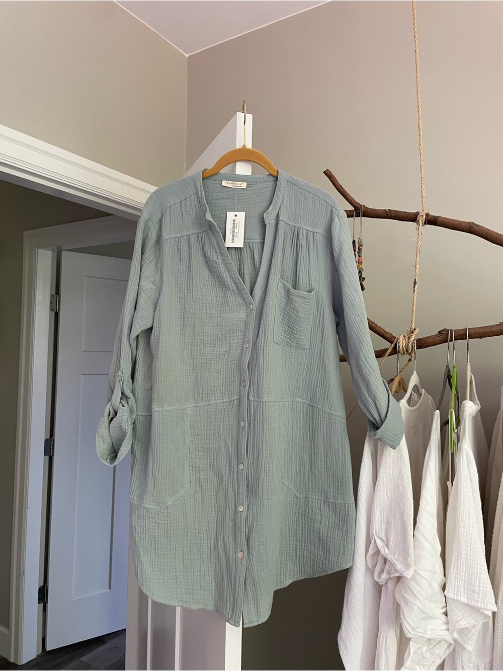 NWT Lovestitch BLUE cotton gauze button down L